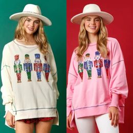 Women's T Shirt Women'S Christmas Nutcracker Sweatshirt Pullover 2024 Year Wear Sequins Versatile Top Cartoon Soldier Pink Sweater For Women 231117