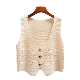 Women's Vests Korean Fashion V Neck Loose Sleeveless Sweater Vest Women Knitted Hollow Out Single Breasted Short Cardigan Female Kniwear 231117