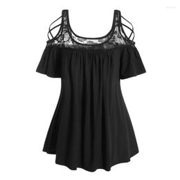 Women's T Shirts Dressfo Plus Size Shirt See Through Rose Embroid Lace Panel Cold Shoulder Short Sleeve Tee