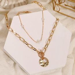 Chains VKME Retro Coin Gold Colour Chain Necklace For Women Multi-layer Geometric Round Pendant Silver Choker Necklaces Jewellery