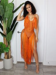 Casual Dresses JRRY Sexy Women Knitted Halter Backless Tassels Crochet Cover Ups Swimsuit Hollow Out Crocheted Beach Swimwear 230418