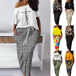 Womens Designer Clothes Tracksuit Dresses two piece set 2023 New Sexy Print Off Shoulder Top Casual Half Skirt Set For Women