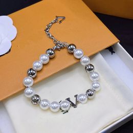 Women Pearl Chain Designer Bracelet Bangle Christmas Brand Jewellery Vintage Style Silver Plated Charm Girl Elegant Design Boutique Bracelets