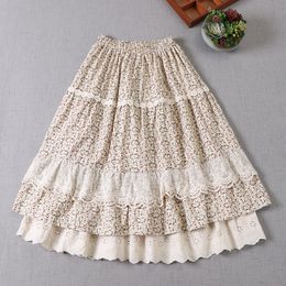 Skirts Japanese Women Floral Double-Layer Skirt Loose Mori Girl Printed Lace Lining A-Line Skirt Autumn Winter 230418