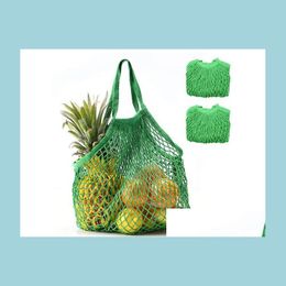 Storage Bags Reusable Grocery Beach Toys Bag Mesh Shop Tote Handbag Foldable Natural Cotton String Organizer Ecofriendly Drop Delive Dhoad