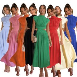 23 year European and American foreign trade sweet and fashionable street summer style standing collar macaron Colour open waist long dress