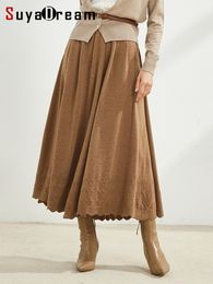 Skirts SuyaDream Women Winter Skirts 32.4%Wool A Line Long Pleated Skirts Fall Winter Bottomings Camel 230418