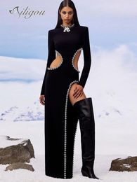Basic Casual Dresses Ailigou Fall Winter Style Women's Sexy O Neck Cutout Black Beaded Long Bodyband Dress Elegant Celebrity Party Dress 231117