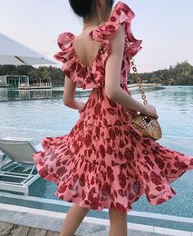 Women's casual dresses v-neck ruffles sleeveless high waist pleated print flowers short vestidos XSSML