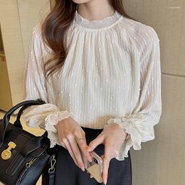 Women's Blouses Chikichi Ladies Chiffon Top Female 2023 Autumn Sweet French Simple Fashion Thin Lace Horn Long Sleeve Shirt Pullover