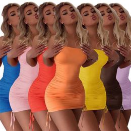 Summer Women Strapless Dress Sexy Off Shoulder Mini Skirts Solid Colour Crop Top Drawstring Bodycon Dresses Skinny Clubwear