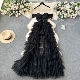 Casual Dresses Sexy Transparent Strap Off Shoulder Sequin Long Dress for Women Elegant Multi-layered Mesh Ruffles Evening Party Dress 2024