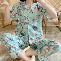 Women's Sleepwear Summer Knitted Cotton Floral Pajamas Set Women Pyjamas Elegant Sleepwear Nightwear Pijama Mujer Short Sleeve Long Pants Homewear 230418