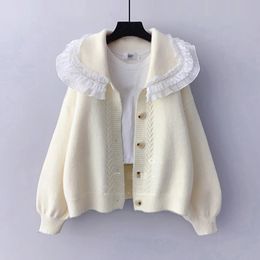 Women's Sweaters AZYT Autumn Winter Knit Female Cardigan Lace Turn Down Collar Sweater Women's jacket Loose Elegant Ladys Cardigan Pull Femme Top 231118