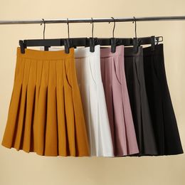 Skirts Pleated Skirt with Pockets Women's Autumn Yellow Preppy Style Elastic High Waist A- Line Slimming Black Kawaii Mini Short Skirt 230418