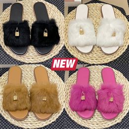 Luxury Wool Lock Slides Sandals designer slippers black blue pink fuchsia brown white womens fur winter slipper ladies outdoor warm flat sandal shoes Eur 35-40