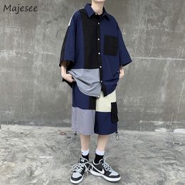 Men's Tracksuits Men Sets Patchwork Design Shirts Teens Couple Ins Pocket Shorts Streetwear College Cool Hip Hop Japanese Fashion Ulzzang Leisure 230418