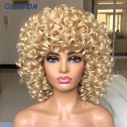 Synthetic Wigs Short Hair Afro Curly Wig Natural Blonde with Bangs Cosplay Lolita for Women Heat Resistant Fibre Highlight 230417