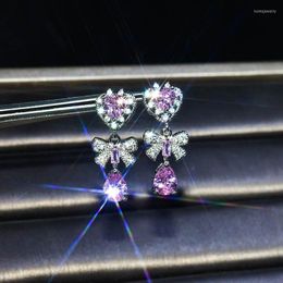 Dangle Earrings 925 Silver Super Fairy Design Pink Crystal Retro Ocean Heart Bow Sweet Temperament Female Party Birthday Gift