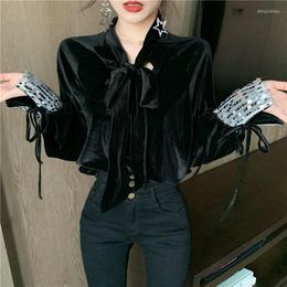 Women's Blouses Autumn Sequin Stitching Long-sleeved Design Sense Niche Shirt Bow Tie Collar Top Women Loose And Thin Velvet Blouse