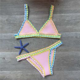 Mulheres Swimwear Crochet Bikini Swimwear Mulheres Sexy Knit Patchwork Handmade Neoprene Boho Beachwear Maiô Biquini Brasileiro 230417