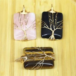 Pendant Necklaces 2023 Tree Of Life Wire Wrapped Rectangular Necklace & Suspension Natural Gem Stone Tiger Eye Pink Quartz Black Onyx