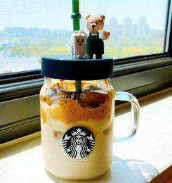 New s Green Apron Bear glass straw coffee cup 600ML Mason Transparent cold water cup for out door sport Accompanying cup2831232