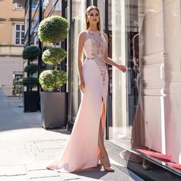 Elegant O-Neck Evening Dresses High Split Sleeveless Mermaid Satin Formal Gown Lace Appliques Sheer Neck Celebrity Dress 2023 326 326