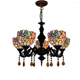 Chandeliers Stained Glass Living Room Dining Chandelier 24 " Pendant Lamp 5 Heads Blue Hummingbird