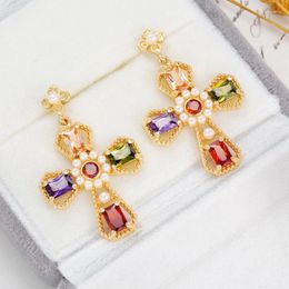 Dangle Earrings Fashion Retro Style Crystal Zircon Imitation Pearl Inlaid Cross Earring Woman Elegant Prom Party Jewelry Gift