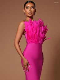 Casual Dresses BEVENCCEL Sexy Strapless Backless Brown Pink Feather Bodycon Bandage Dress For Women Elegant Evening Club Party Midi