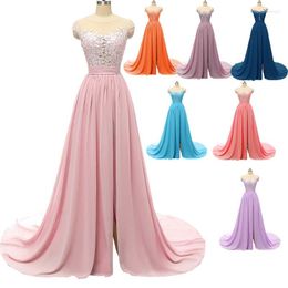 Party Dresses Illusion Round Neck Long Prom 2023 Lace Appliques Chiffon Evening Gowns Side Split Vestidos De Gala