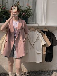 Women's Suits Korean Women Suit Coat Short Sleeve Single Button Notched Collar Female Blazer Jackets Summer Casual Loose Ladies Outerwear