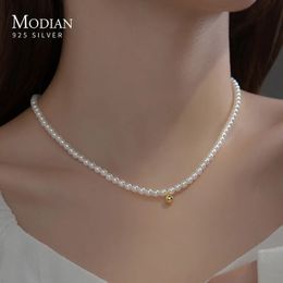 Pendant Necklaces MODIAN 925 Sterling Silver Elegant White Pearl Charm Necklace Shell Pearl Gold Beads Choker Necklace For Women Fine Jewelry231118