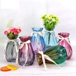 Vases Diamond Shape Transparent Glass Flower Bottle Colour Glass Decorative Vase Hydroponic Vase Living Room Tabletop Dry Flower Vase Y23