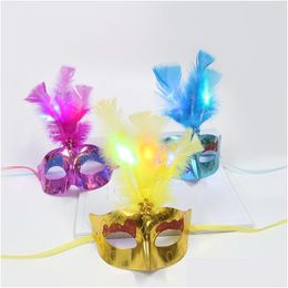 Party Masks Led Light Up Masks Festival Cosplay Costume Supplies Glow In Dark Halloween Party Lady Gifts Mticolor Luminous Feather Mas Dhb9H