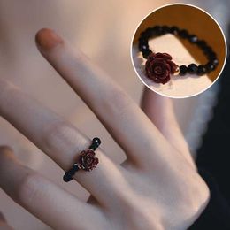 Band Rings Fashion Natural Gemstone Red Black Spinel Rose Flower Beaded Rings for Women Charm Crystal Wedding Engagement Ring Jewelry Gift AA230417