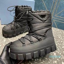 Top quality Nylon Plaque Ankle Boots Slip-On Chunky bottom Bootie Round toe Lace up Ski Snow boot womens outdoor shoes