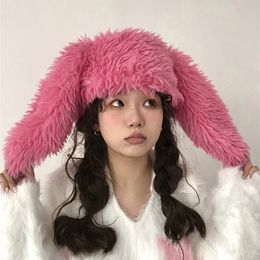 BeanieSkull Caps Cute Long Eared Rabbit Ears Hats Sweet Kawaii Lolita Fur Plush Ear Protector Women Winter Warm Thickened Cap Bomber 231117
