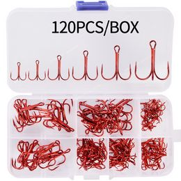 120/50pcs/lot Treble Fishing Hook In box High Carbon Steel Barbed Hooks Fishing Tackle Black/Silver/Red/Tea Fish Hook FishingFishhooks carbon steel fish hook