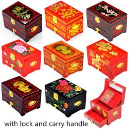 Jewellery Pouches Handle Wedding Sliding Drawer Box With Lock Wooden 3 Layer Lacquerware Vintage Chinese Decorative Storage Cases Gifts