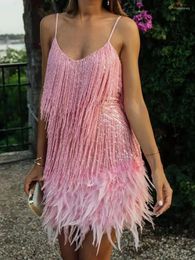 Casual Dresses Sexy Women's V-Neck Fringed Sequin Feather Stitching Dress Slim Evening Christmas Female Backless Slip Mini Robe