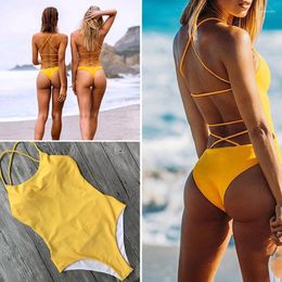 Women's Swimwear Women Sexy Backless Halter Neck Bandage Solid Colour Onepiece Swimsuit