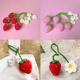 Handmade Crochet Knitted Strawberry Keychain for Women Girl Crocheted Wool Flower Leaf Bag Pendant Ornament Car Charms Key Ring
