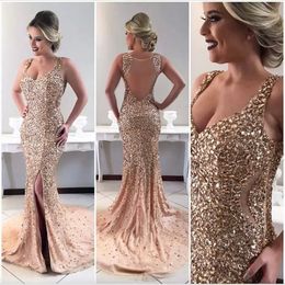 Abiti da ballo in strass di perline oro di lusso Abiti da ballo lunghi con spacco a sirena Abiti da spettacolo da sera per donna su misura