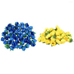 Decorative Flowers 50 Artificial Roses 3 Cm Tall Wedding Decoration Navy Blue & 50x Yellow Fabric Silk Rose Flower Heads