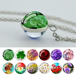 Pendant Necklaces Lucky Clover Art Picture Glass Ball Necklace Rose Sunflower Lavender Daisy Lotus Flower Jewellery Accessories