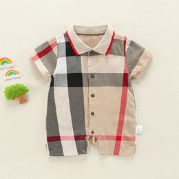 Rompers Baby Boys Plaid Romper Summer Infant Front Buttons Playsuits born Kids Cotton Turn Down Collar Short Sleeve Clothes 230418