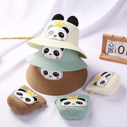 Children's panda straw hat bag set summer thin style sunscreen hat outdoor travel visor hat baby sun hat beach hat