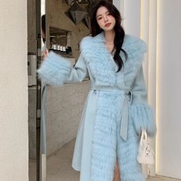 Women's Fur Faux Women Top Luxury Natural Wool Coat Long Jackets Pink Blue Large Collar Double Sided Cashmere Real Outerwear 231117